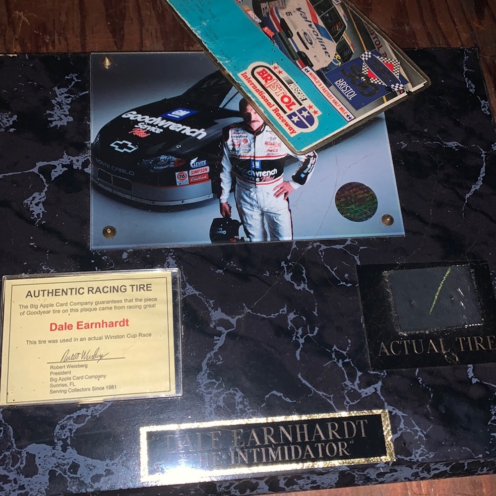 These are nascar dale earnhardt with a piece of authentic tire and his picture